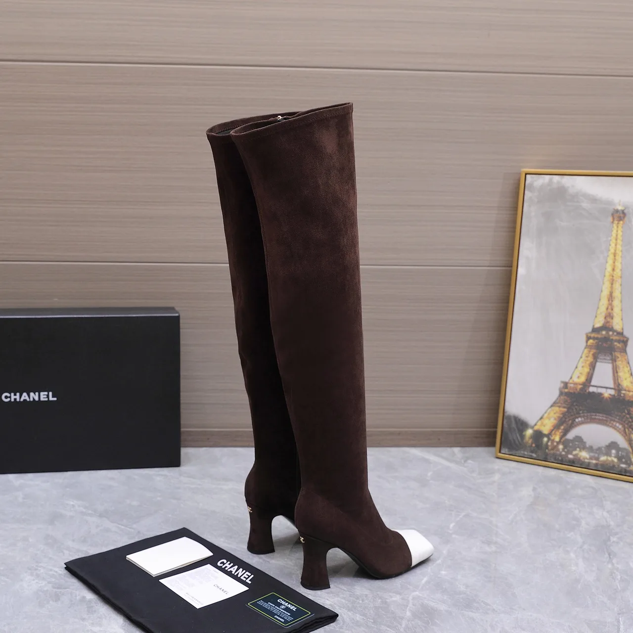 Chanel Cowhide Toe-Cap Knee Boots in Brown · view 6