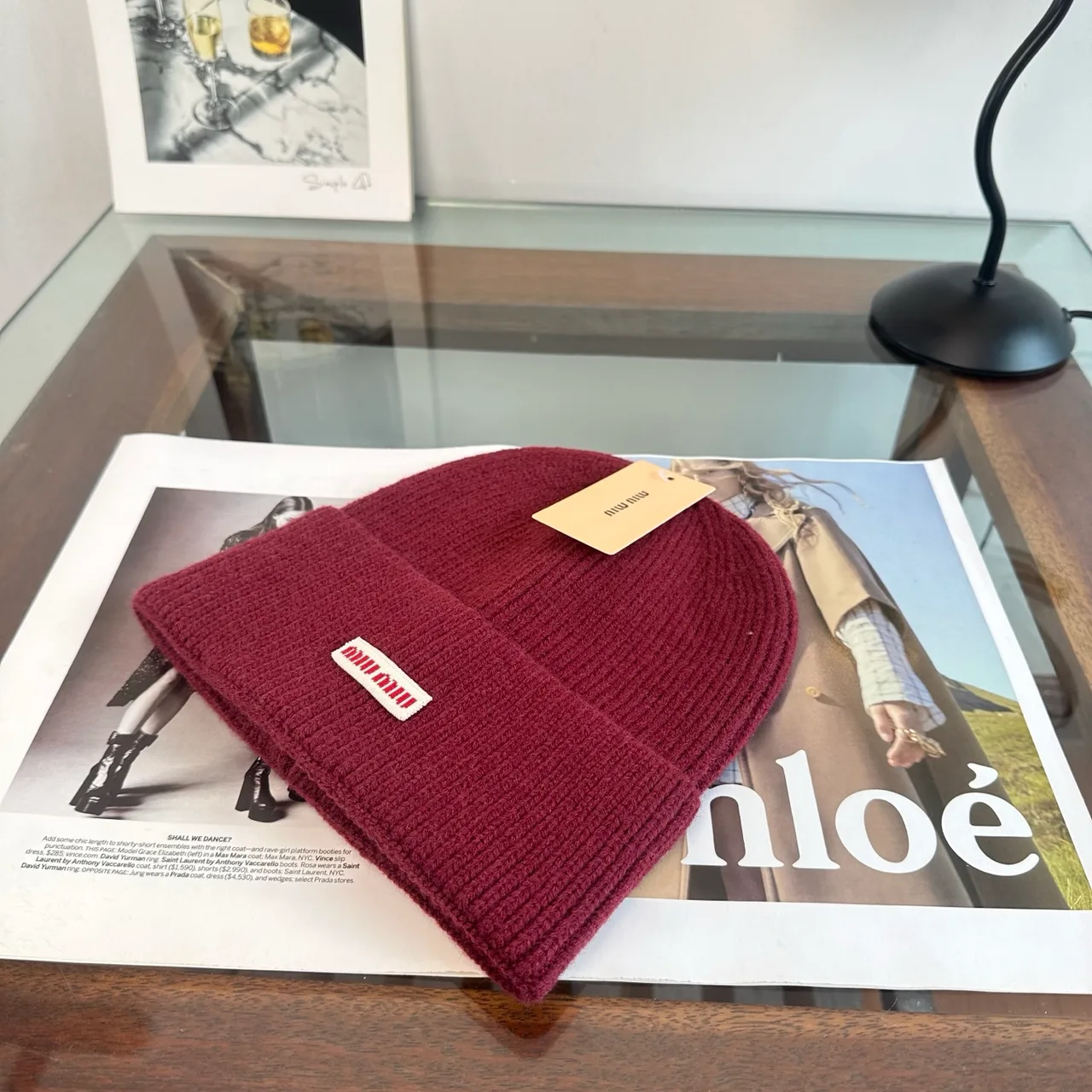 Miu Miu Ribbed Knit Beanie in Burgundy · view 2