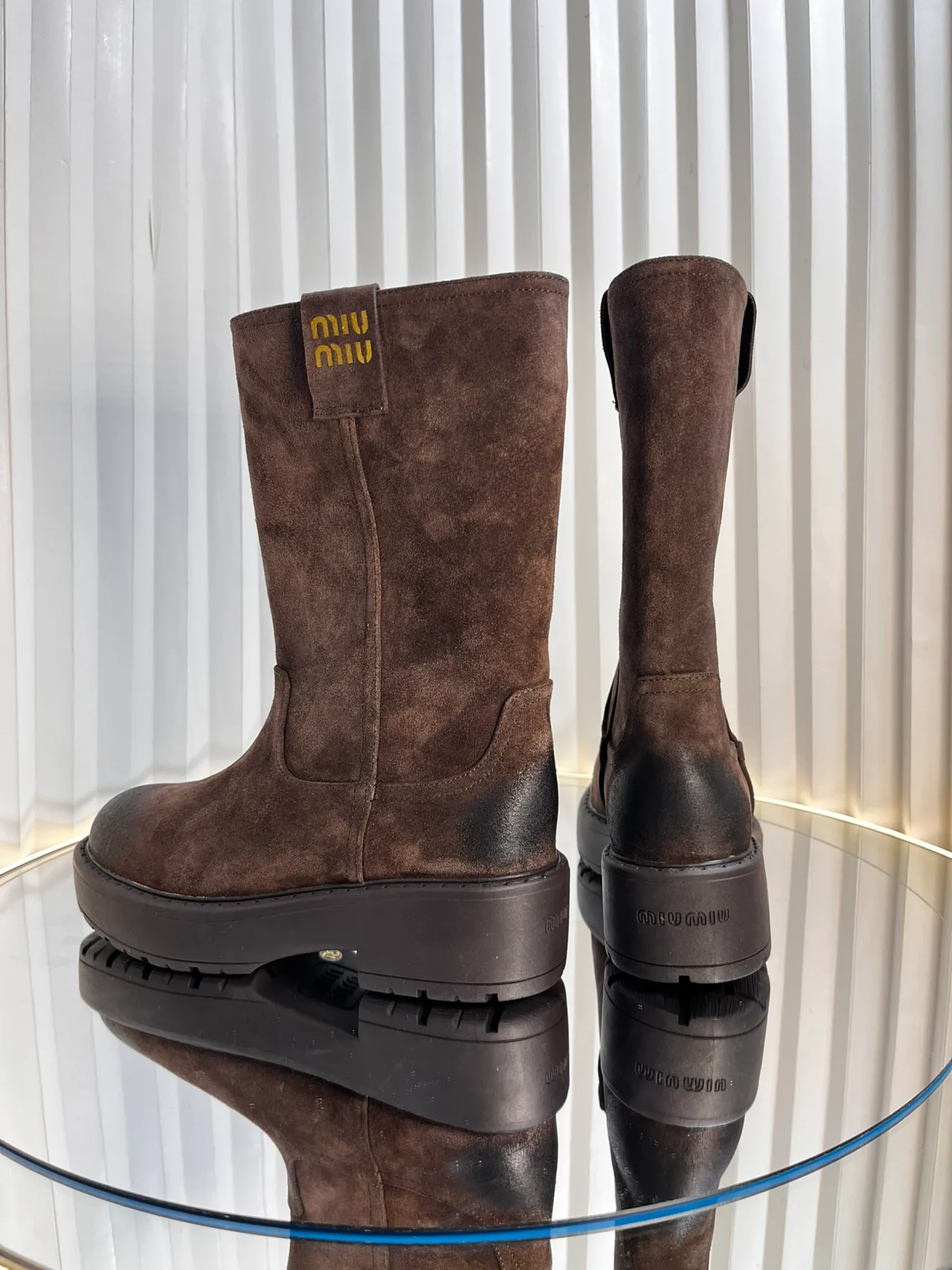 Miu Miu Calfskin Knee-High Boots in Brown · view 6