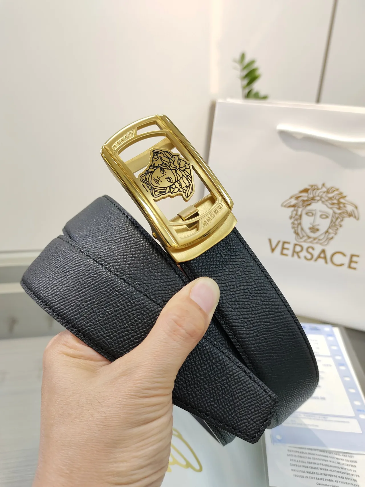 Versace Calfskin Belt in Black · view 3