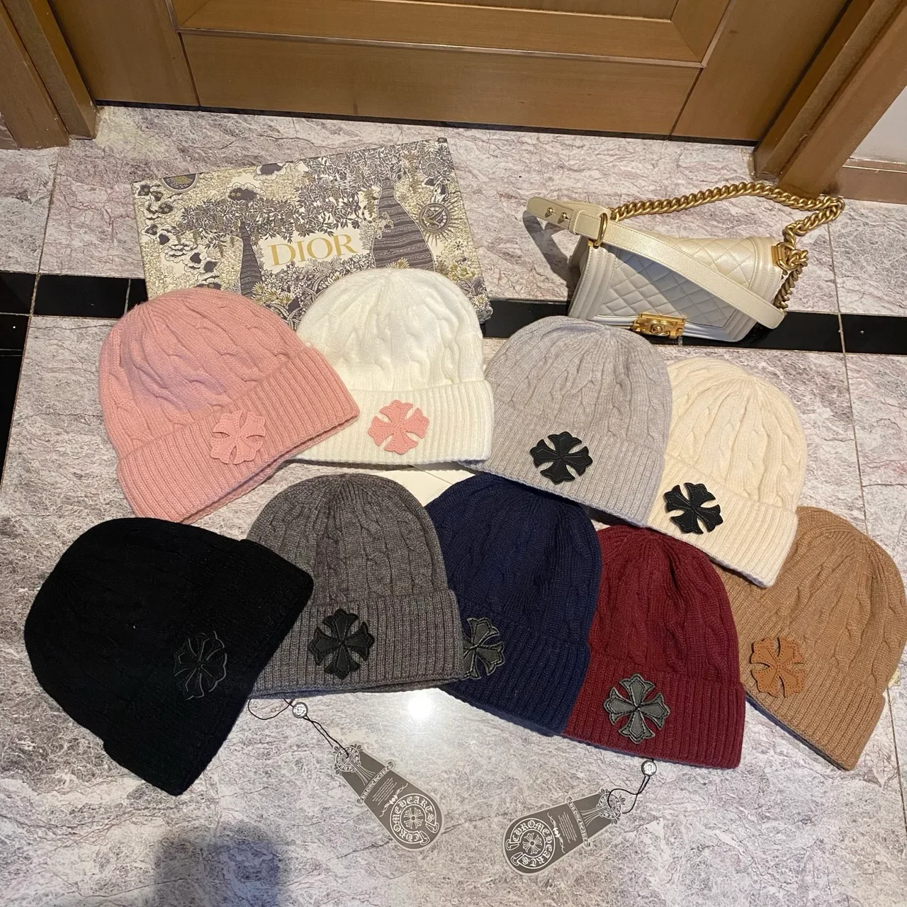 Chrome Hearts Cross Cable-Knit Beanie in Pink & White & Grey & Black & Blue & Red & Brown · view 1