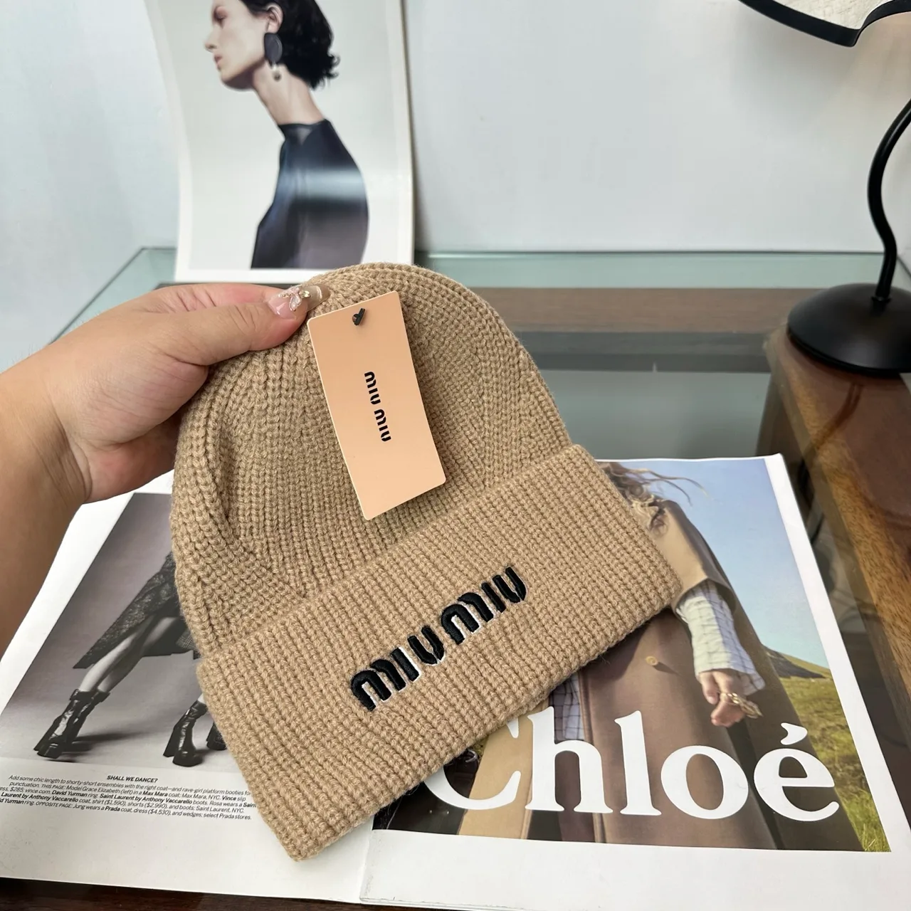 Miu Miu Ribbed Embroidered Beanie in Beige · view 6