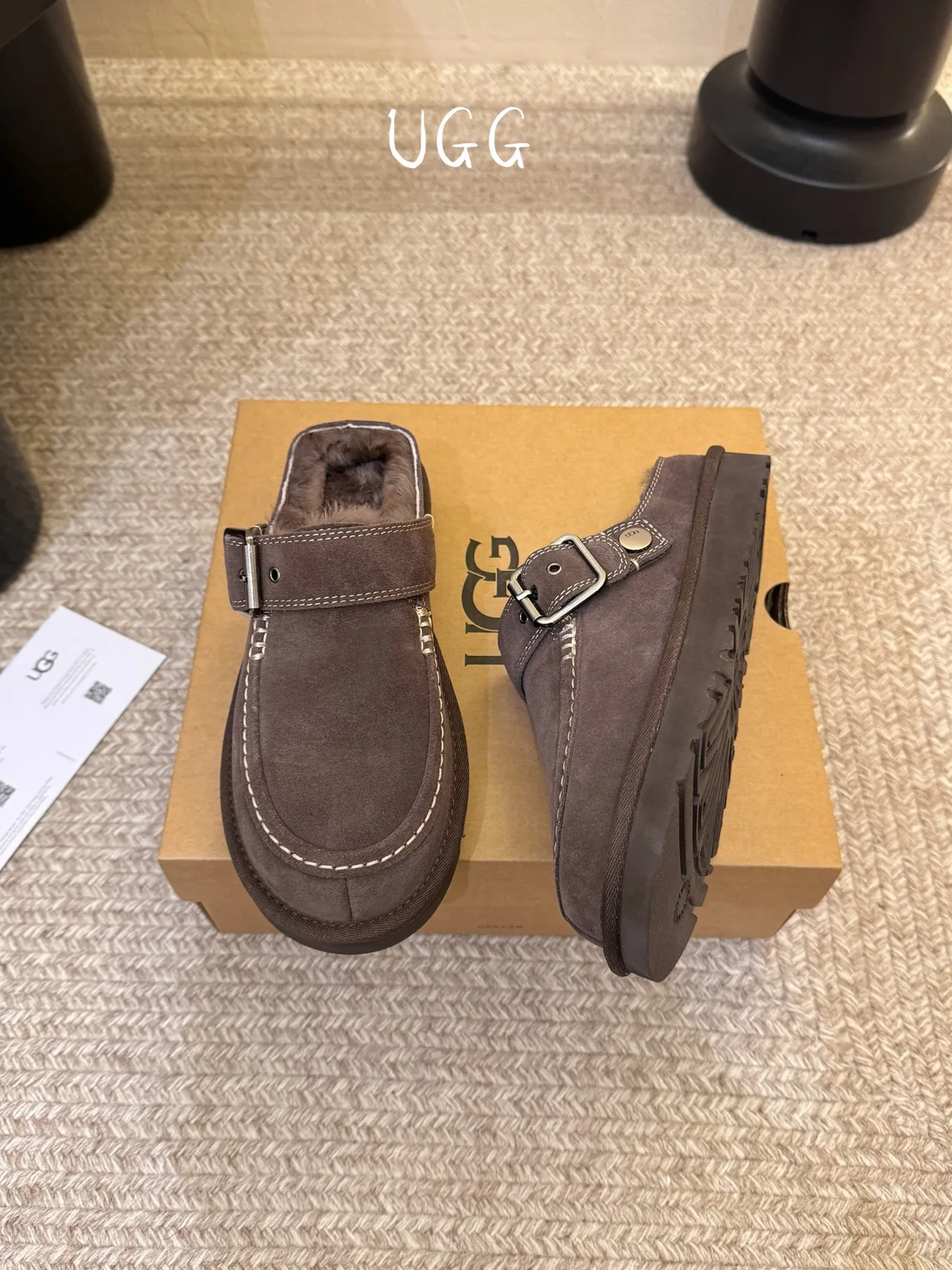 UGG Wool Suede-Look Buckle Lined Loafer Mules in Brown · view 2