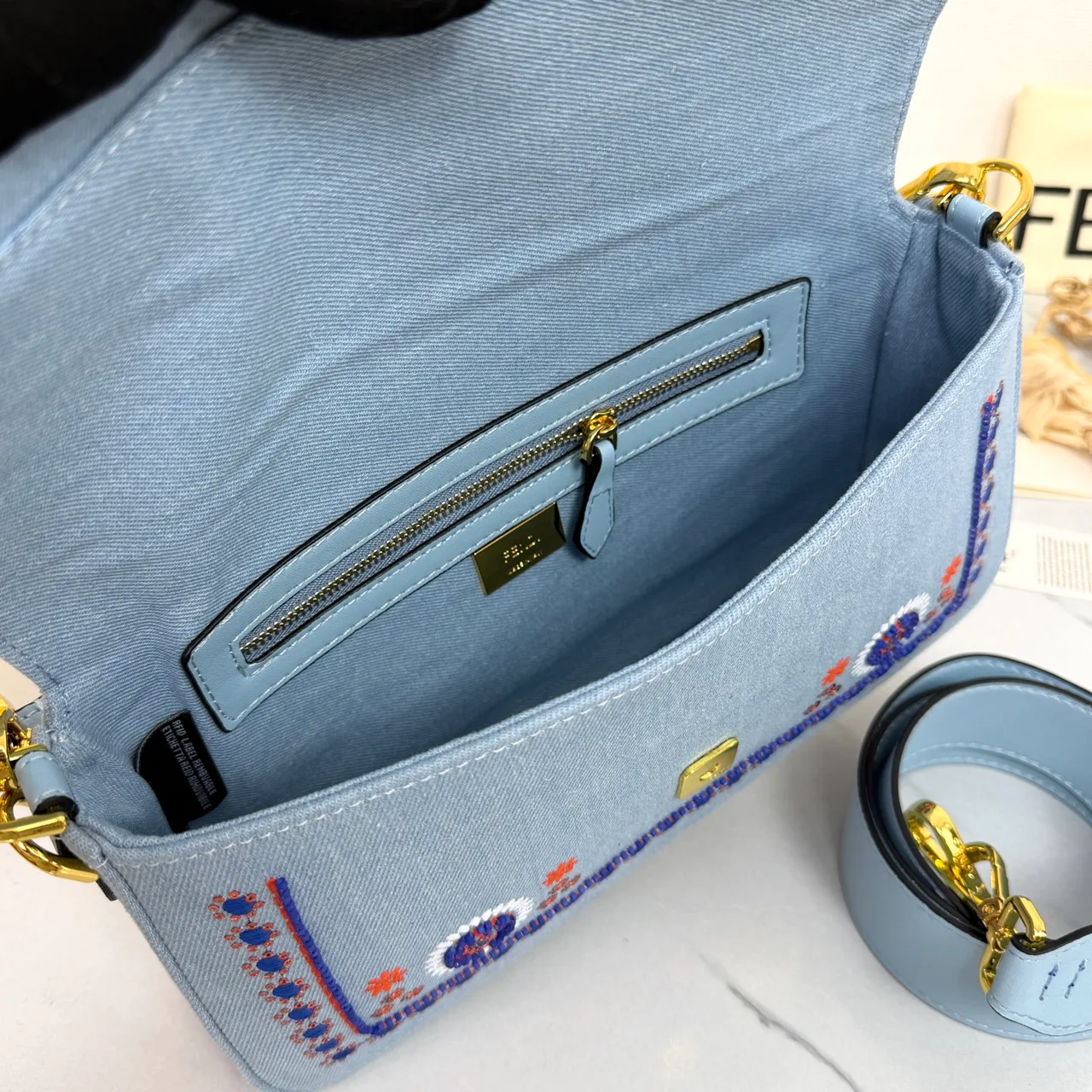 Fendi Baguette Embroidered Floral Flap Shoulder Bag in Blue · view 6