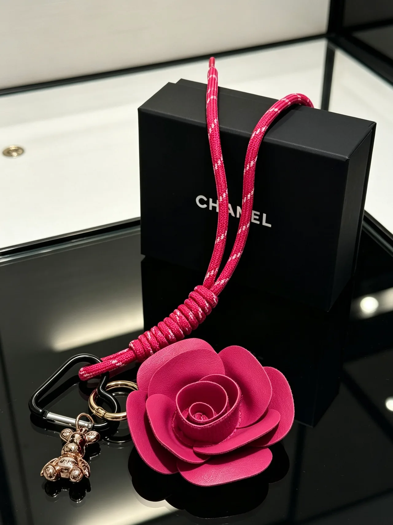 Chanel Woven Rose Keychain in Pink · view 1
