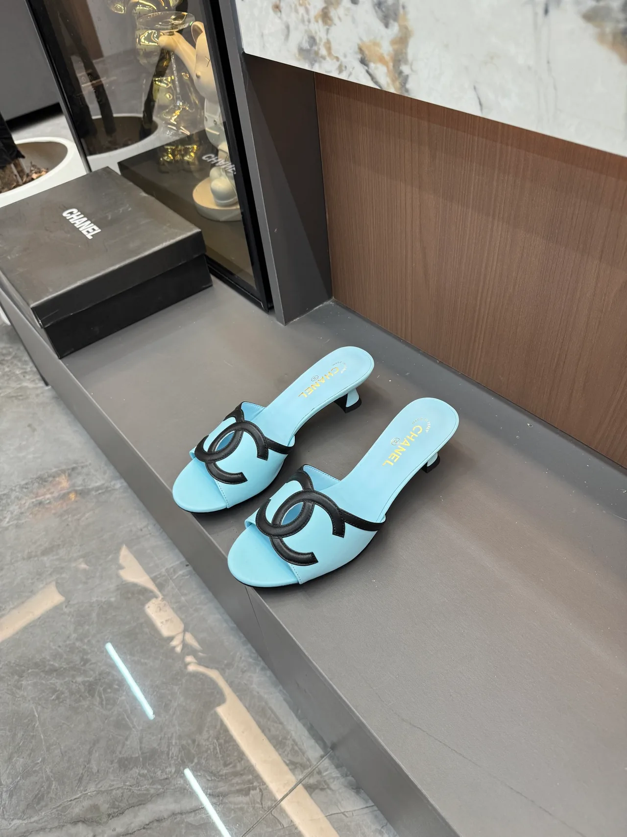 Chanel CC Cutout Heeled Mules in Blue / Pink / White / Yellow · view 5