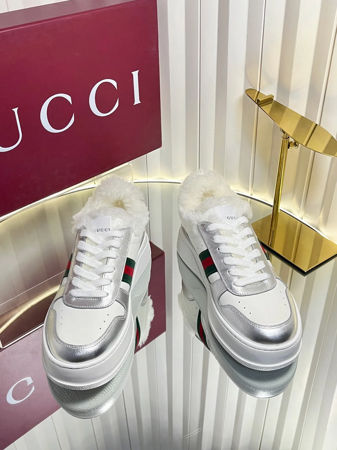 Gucci Wool Striped Lined Sneakers in White · view 3