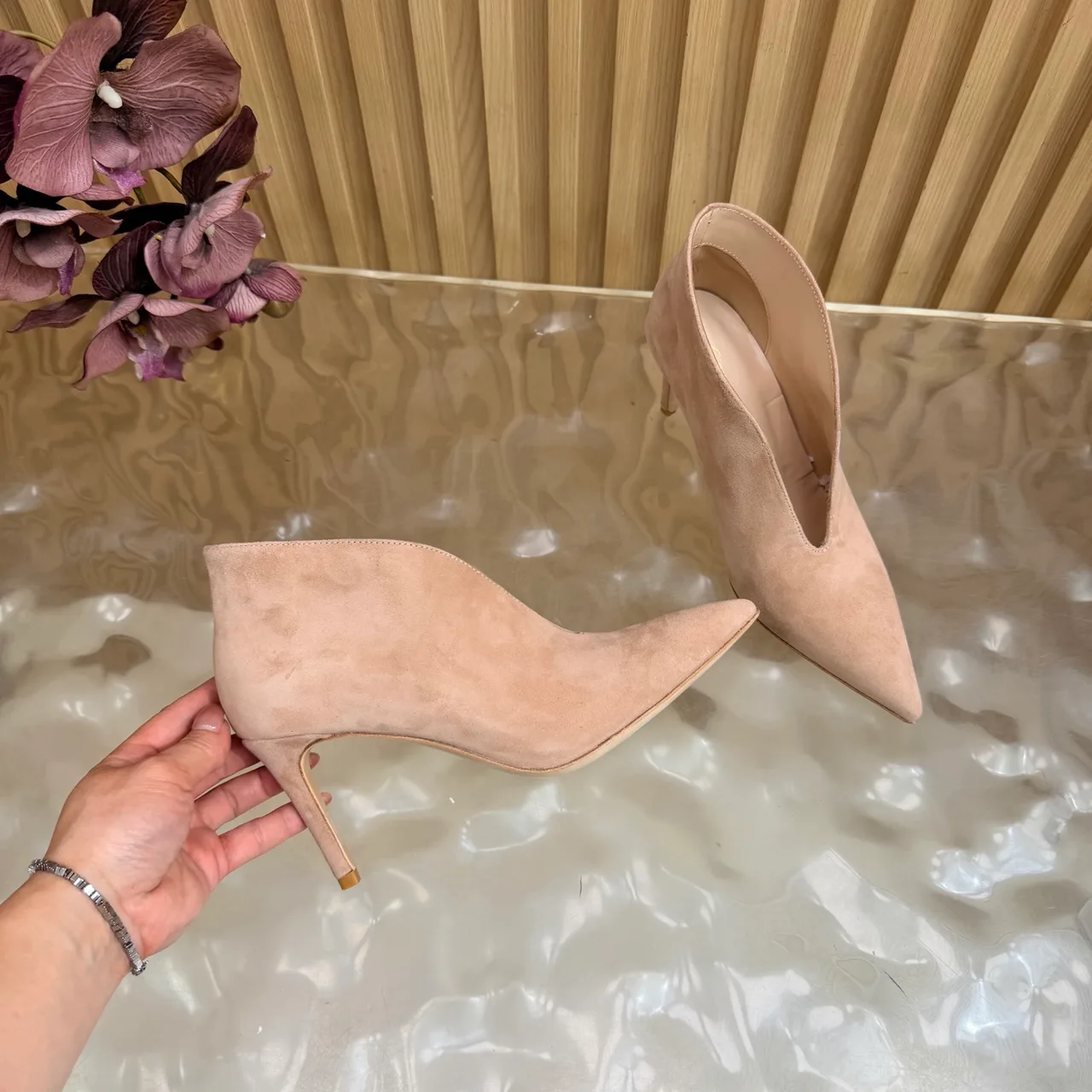 Gianvito Rossi Pointed-Toe Heeled Ankle Boots in Beige · view 7