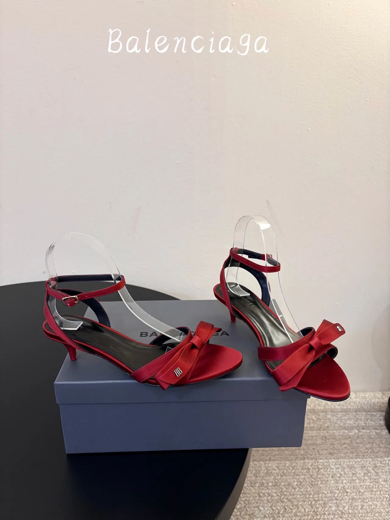 Balenciaga Silk Glossy Bow Ankle Strap Sandals in Red · view 4