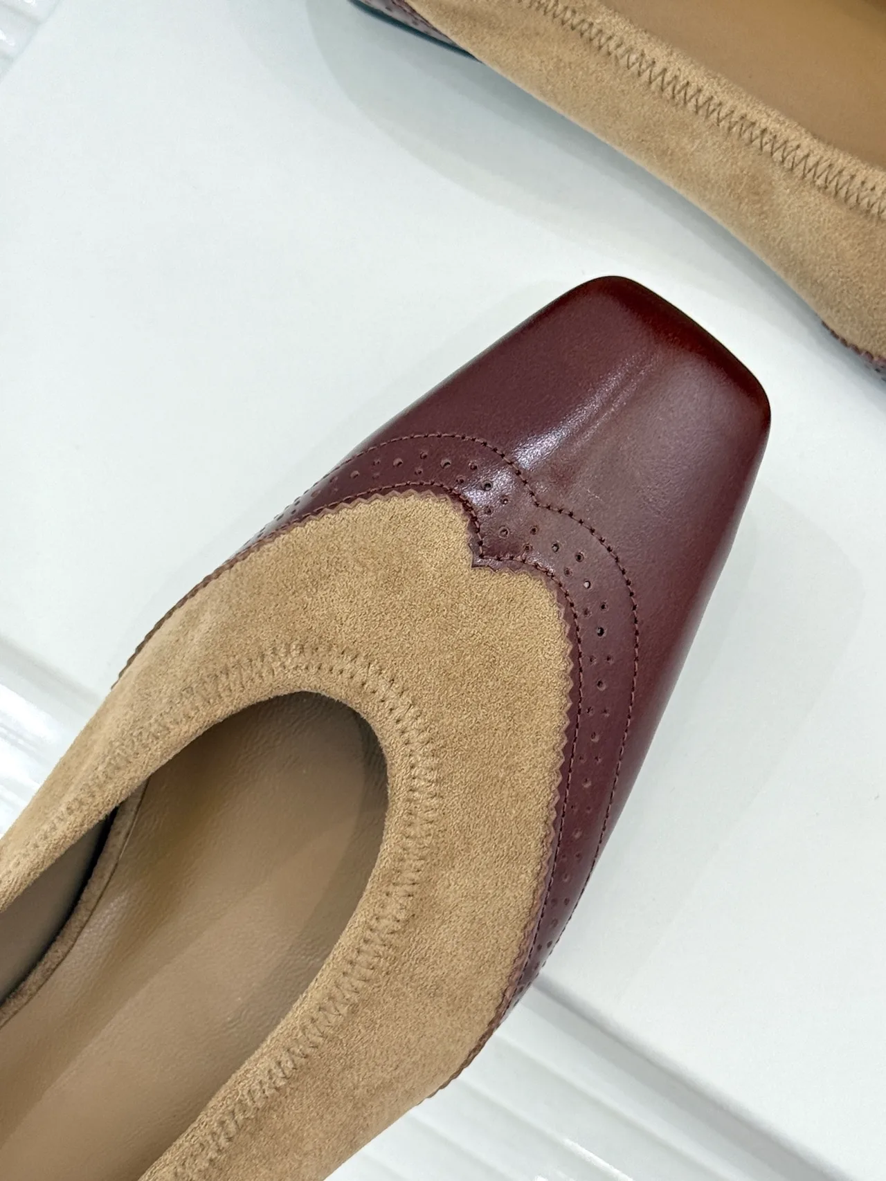 YOEYYOU Lambskin Denim Block-Heel Shoes in Beige · view 7