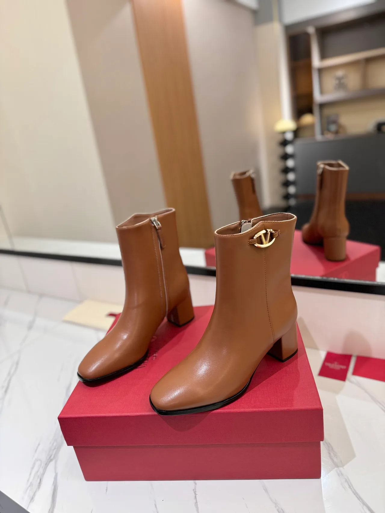 Valentino Calfskin Glossy Round-Toe Ankle Boots in Tan · view 2