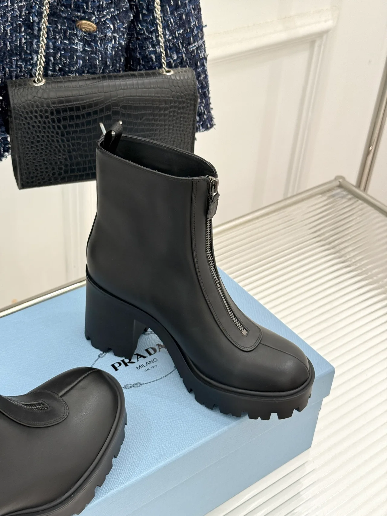 Prada Denim Glossy Front-zip ankle boots in Black · view 3