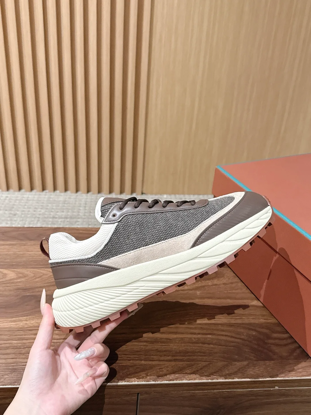 Cowhide Panel Lace-Up Sneakers in Brown · view 5