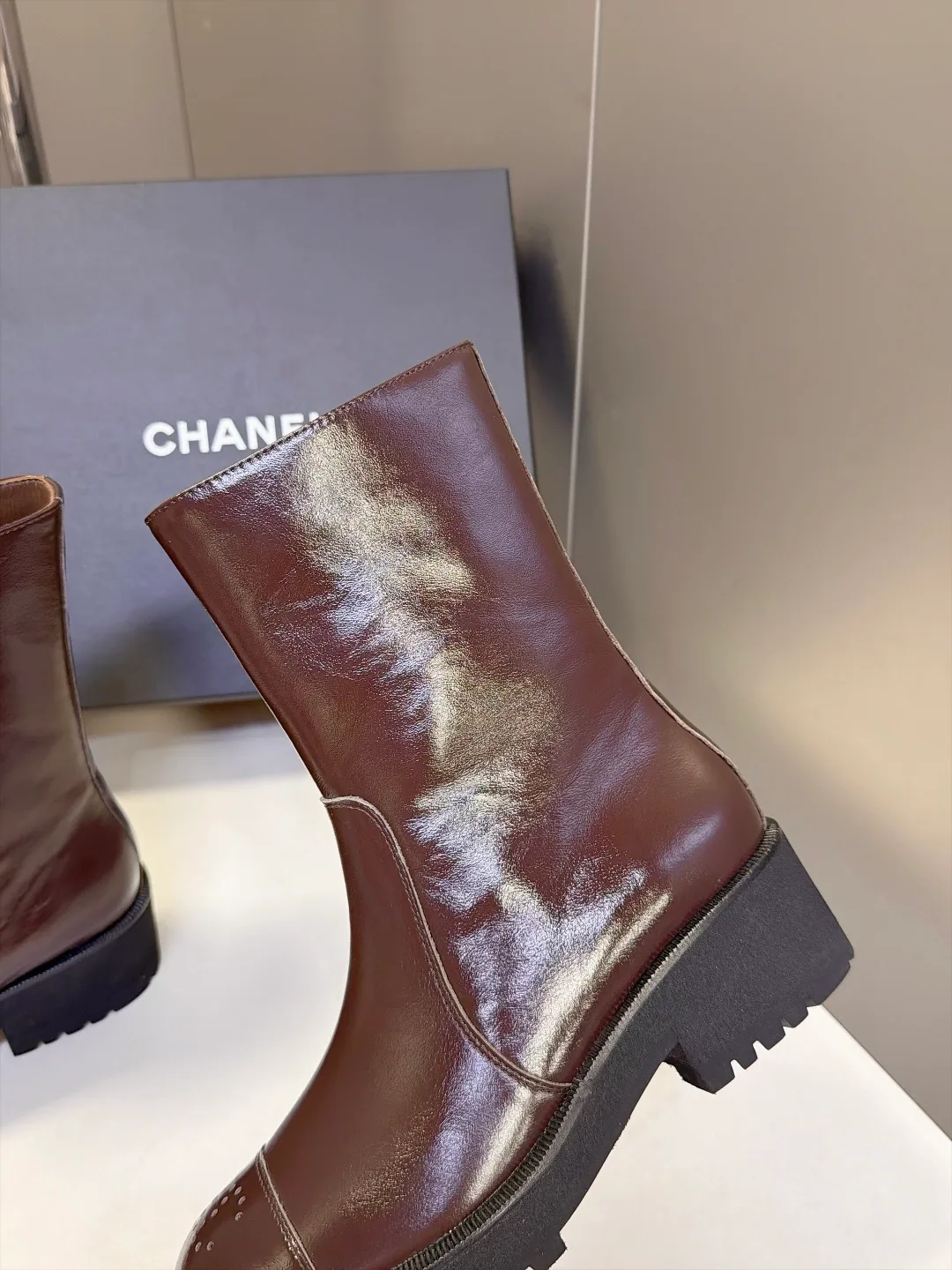 Chanel Cowhide Patent Leather Glossy Round-Toe Ankle Boots in Brown · view 7