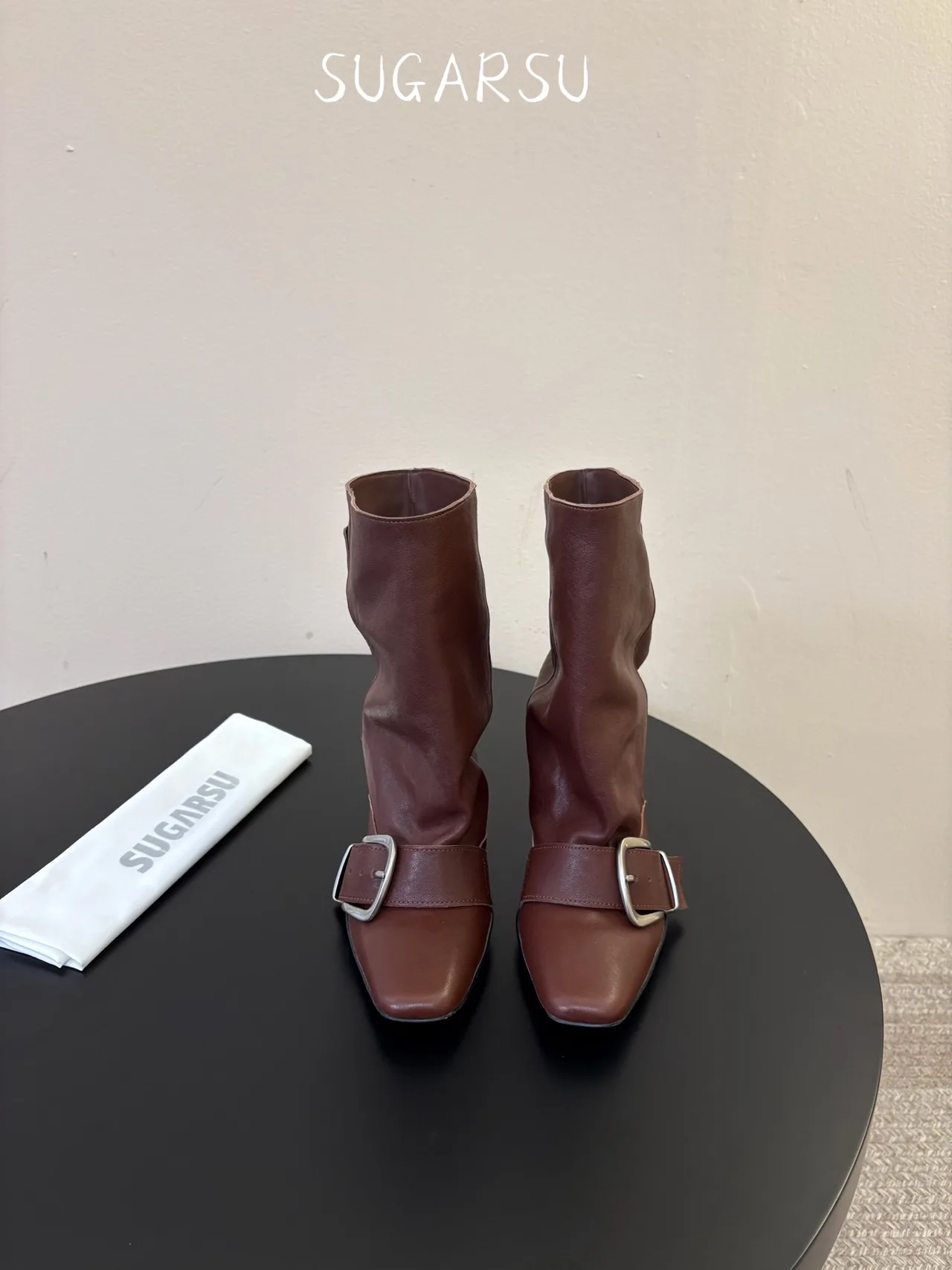 Sugar Su Sheepskin Smooth Square-Toe Buckle Mid-Calf Boots in Brown · view 1