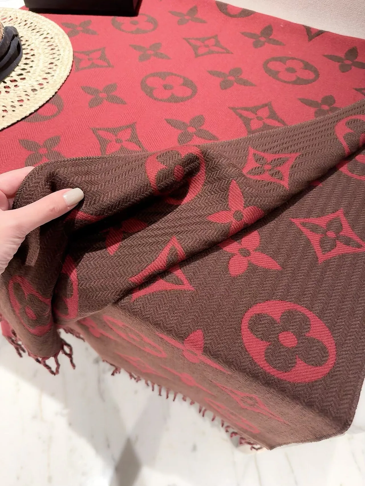 Louis Vuitton Reversible Monogram Shawl in Beige & Red · view 8