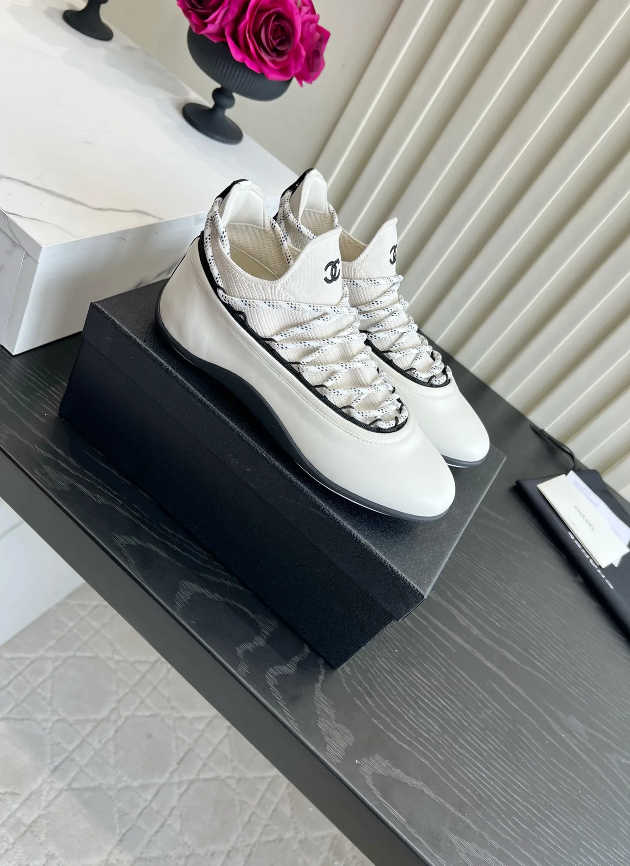 Chanel Sheepskin Striped Sneakers in White · view 3