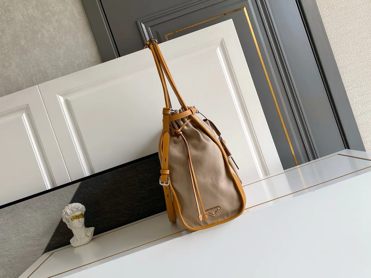 Prada Leather Belted Tote in Beige · view 2