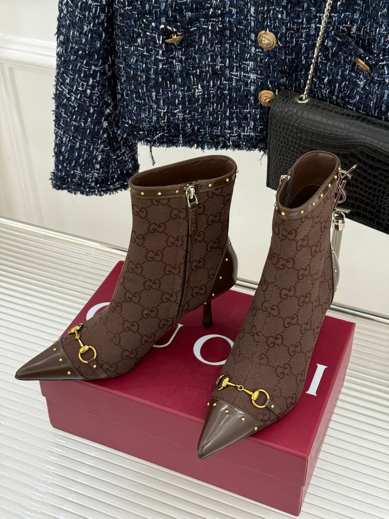 Gucci Sheepskin Canvas Ankle Boots in Brown · view 2