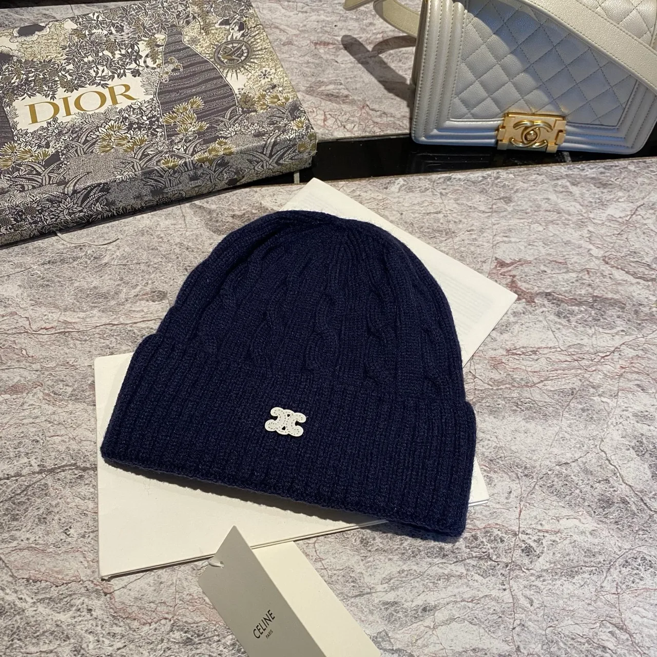 Celine Cable knit beanie in White & Black & Blue & Brown & Grey & Burgundy & Cream & Pink · view 3