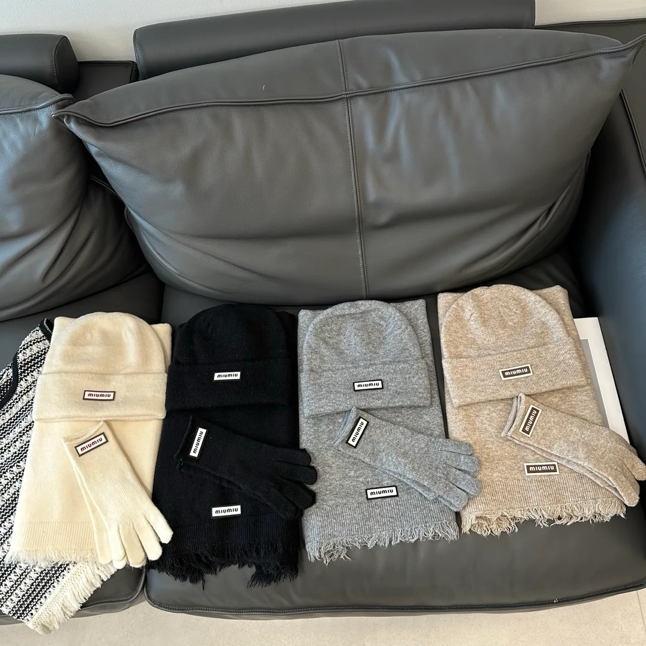 Miu Miu Hat Scarf and Gloves Set in White & Black & Grey & Beige · view 8