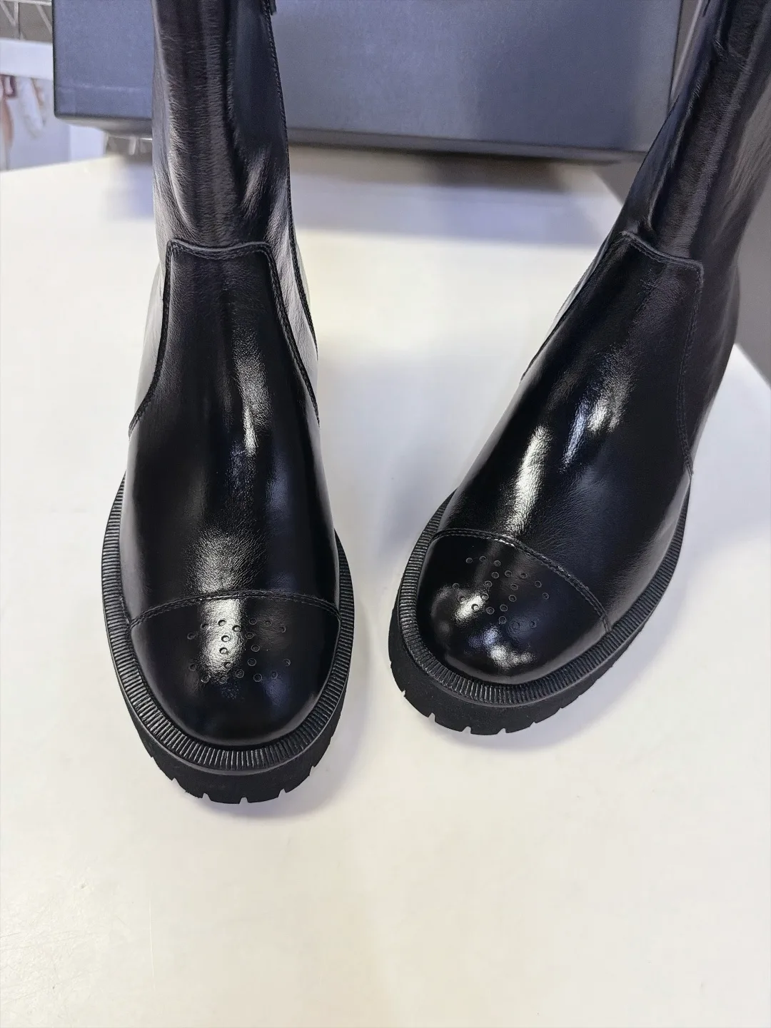 Chanel Cowhide Patent Leather Glossy Round-Toe Ankle Boots in Black · view 6