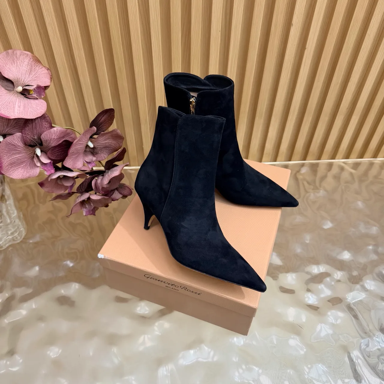 Gucci Suede-Look Pointed-Toe Ankle Boots in Black · view 2