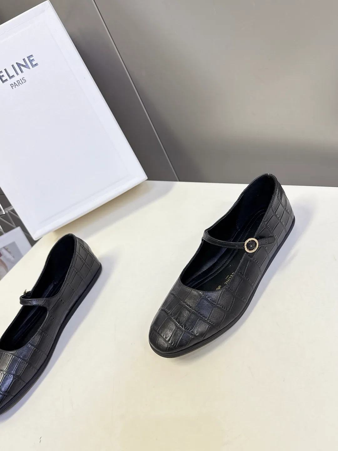 Celine Calfskin Glossy Square-Toe Buckle Shoes in Black · view 3