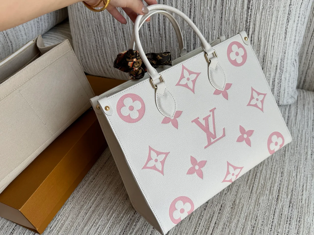 Louis Vuitton OnTheGo Mini Monogram Top-Handle Tote in White · view 3