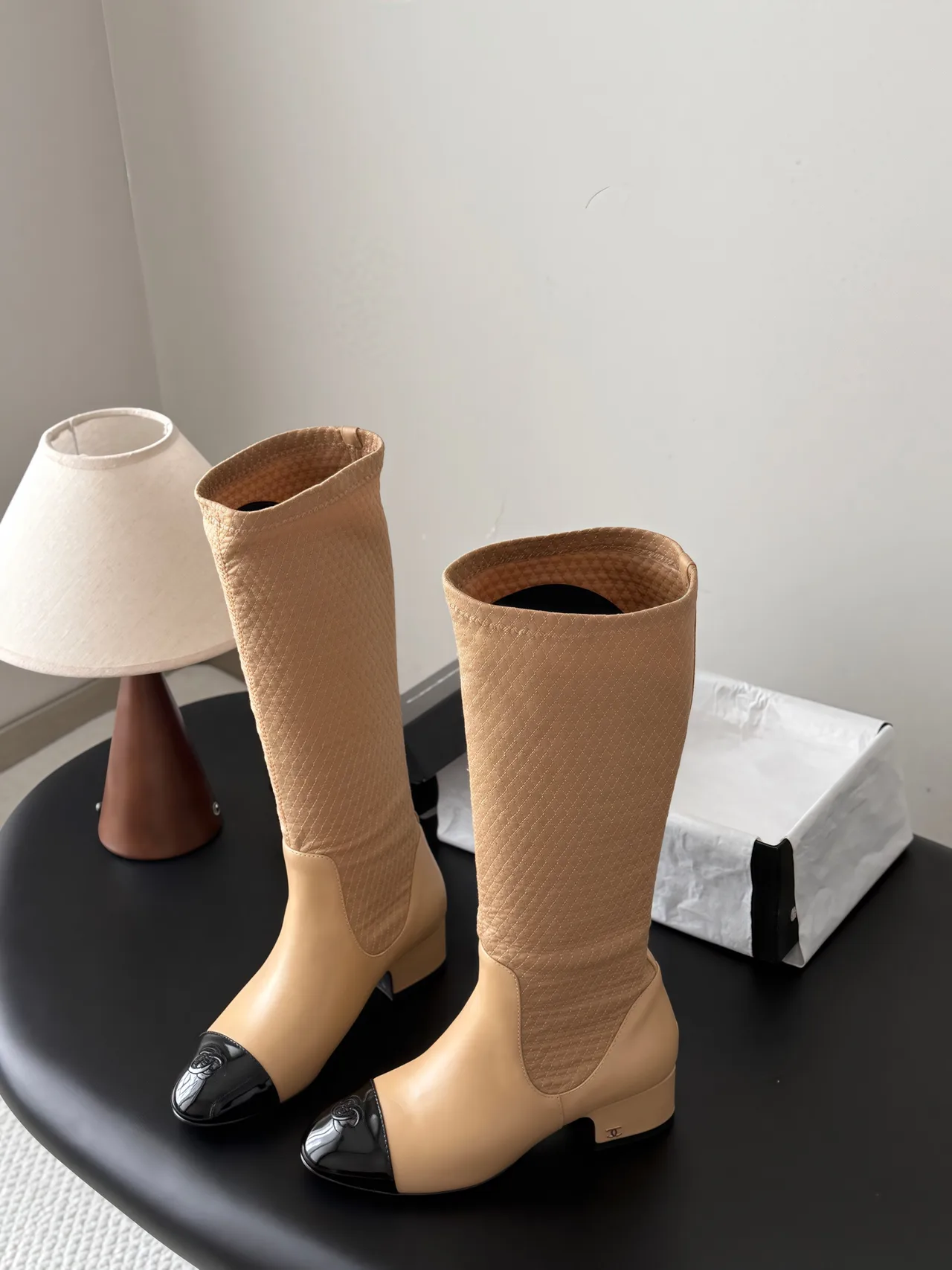 Chanel Cowhide Glossy Pointed-Toe Knee-High Boots in Beige · view 5