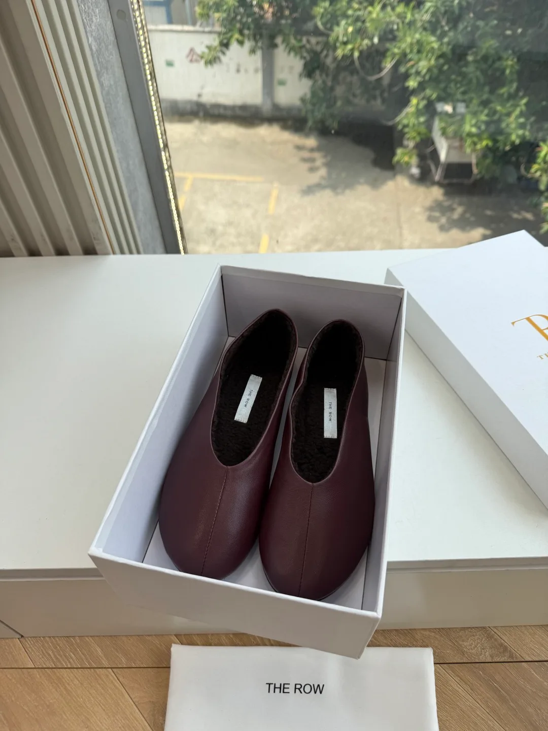 The Row Cowhide Matte Square-Toe Slippers in Burgundy · view 2