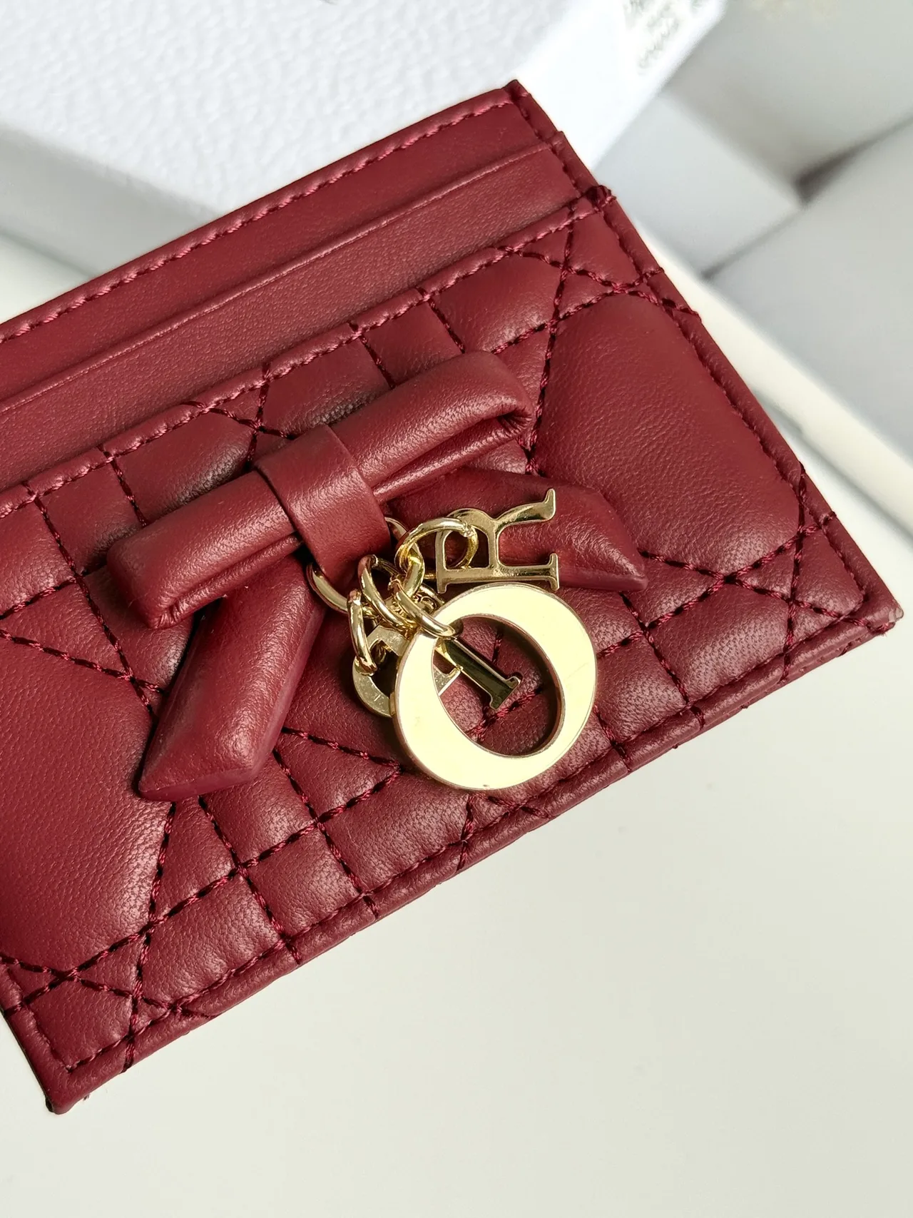Dior Lambskin Quilted Bow Cardholder in Burgundy · view 4