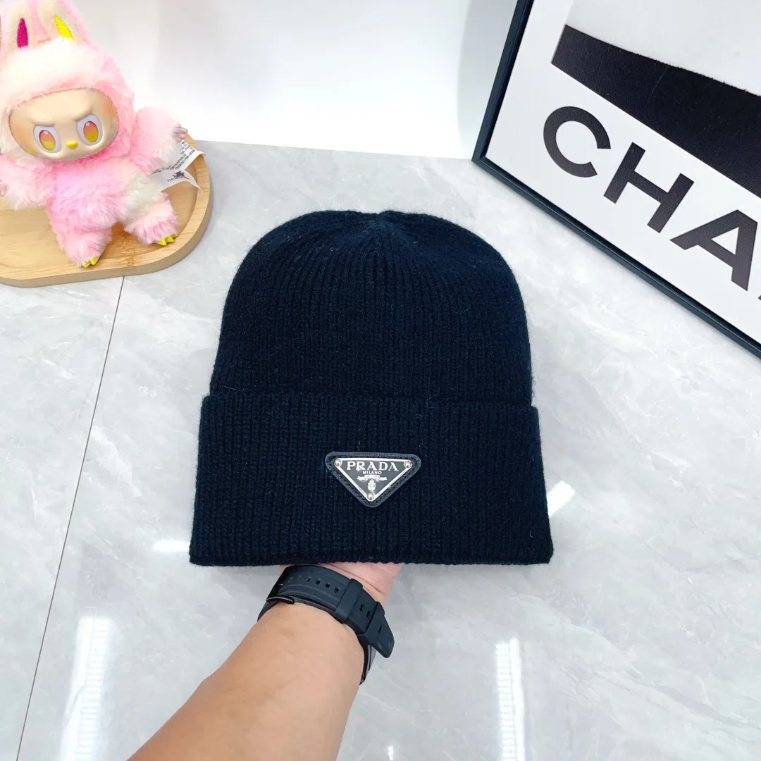 Prada Triangle-Badge Beanie in Black & Grey & White & Beige & Brown & Yellow & Blue & Pink & Red · view 8