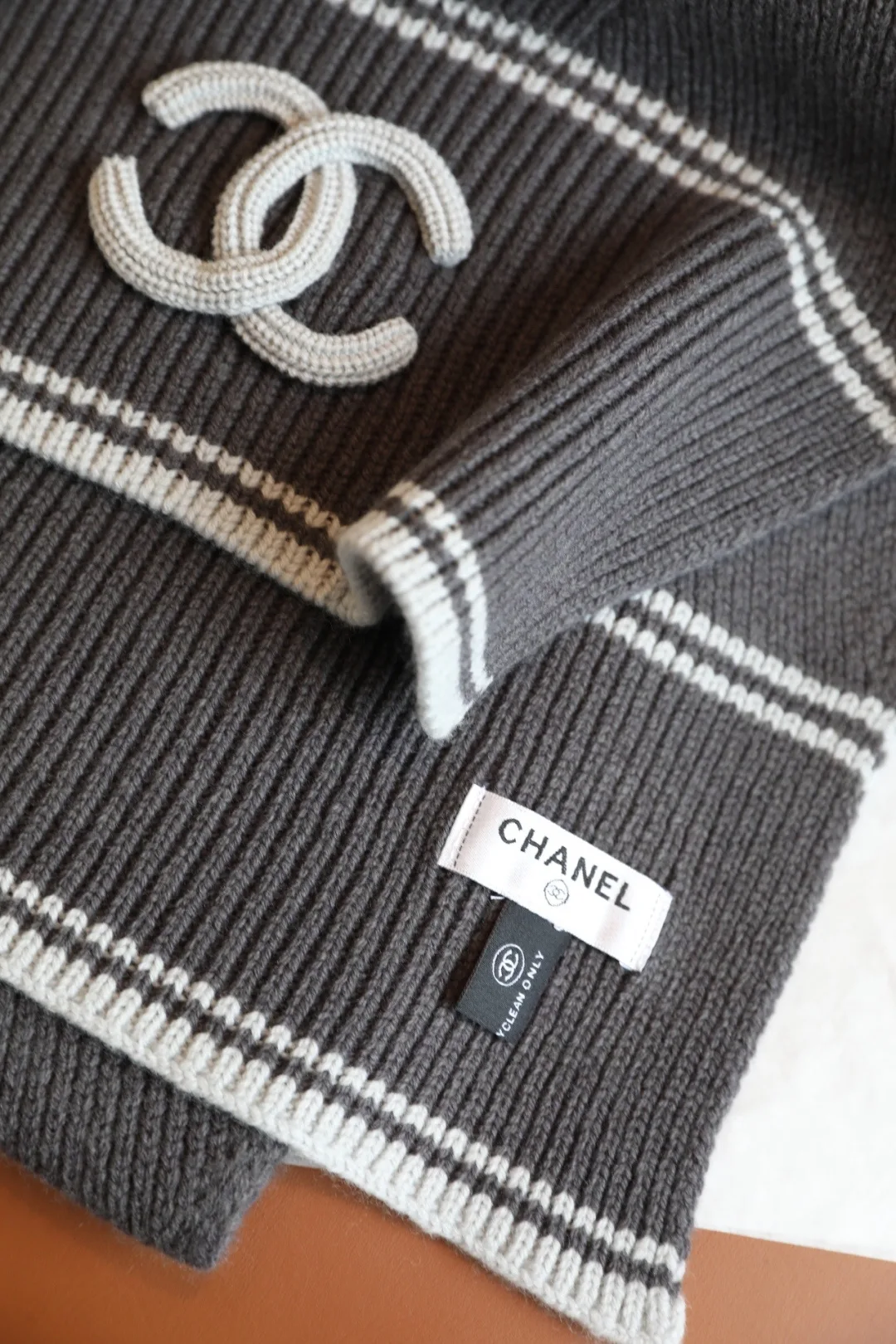 Chanel Wool Cashmere Striped Scarf in Grey · view 8