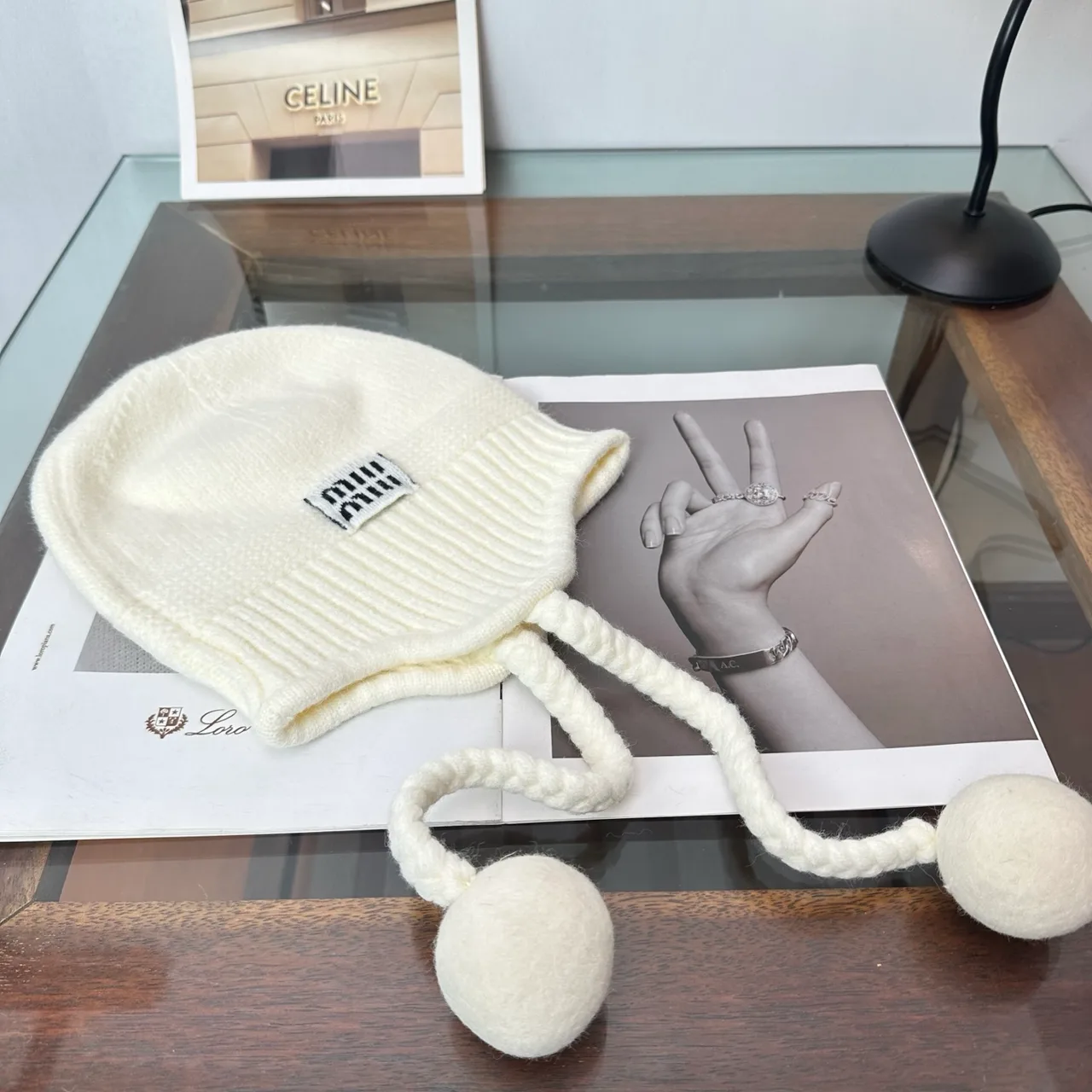 Miu Miu Earflap Beanie in Beige & Grey & Black · view 4