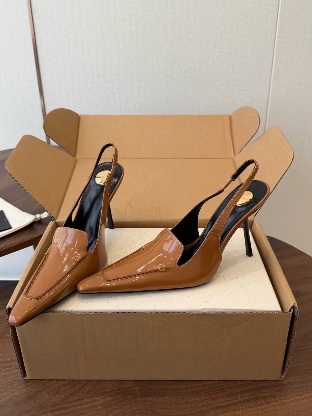 Saint Laurent Cowhide Slingback Heels in Brown · view 3