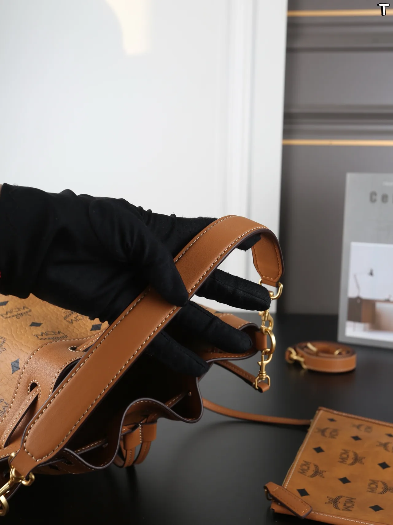 MCM Dessau Bucket Bag with Detachable Pouch in Brown · view 7
