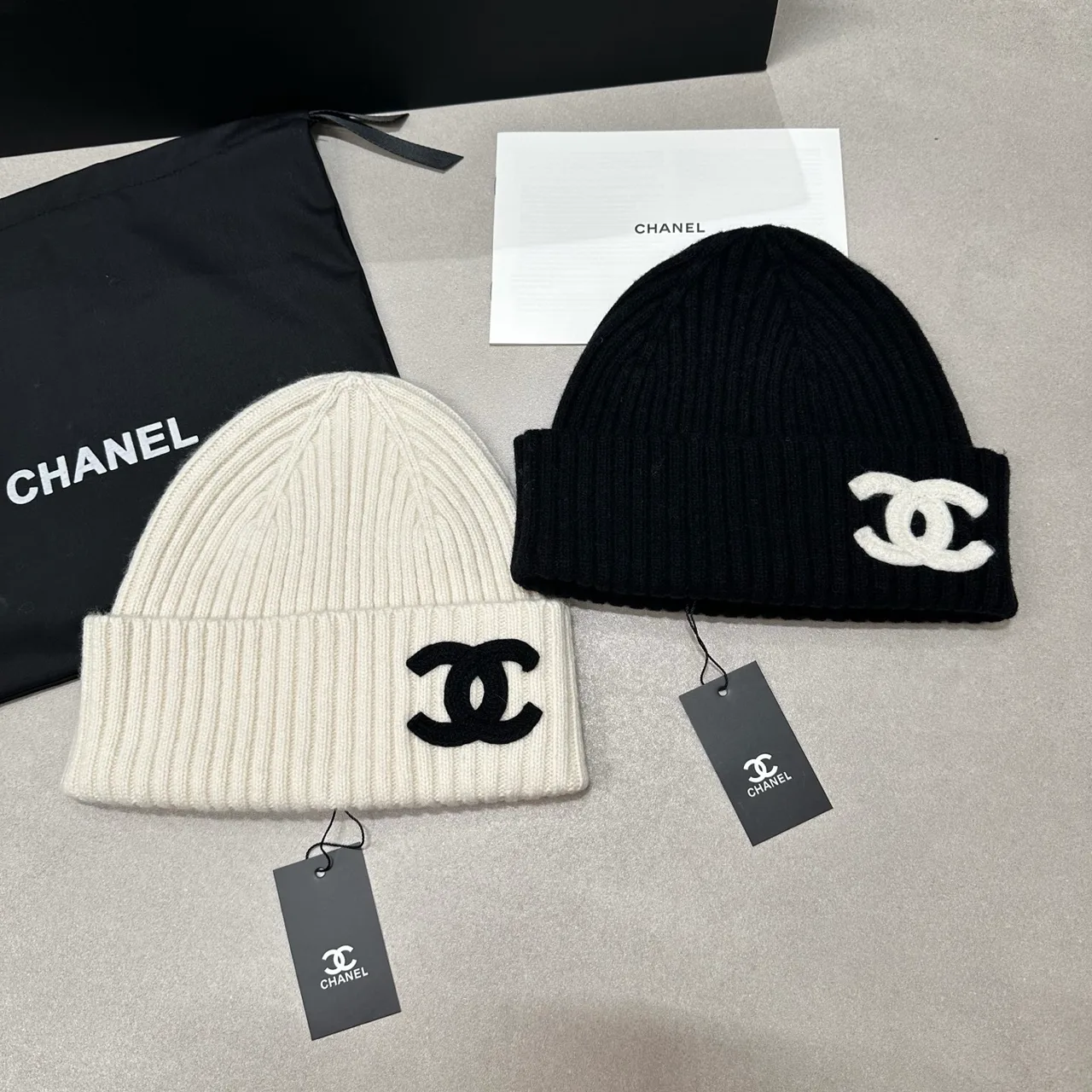 Chanel Knit Beanie in Cream & Black & Blue & Grey · view 8