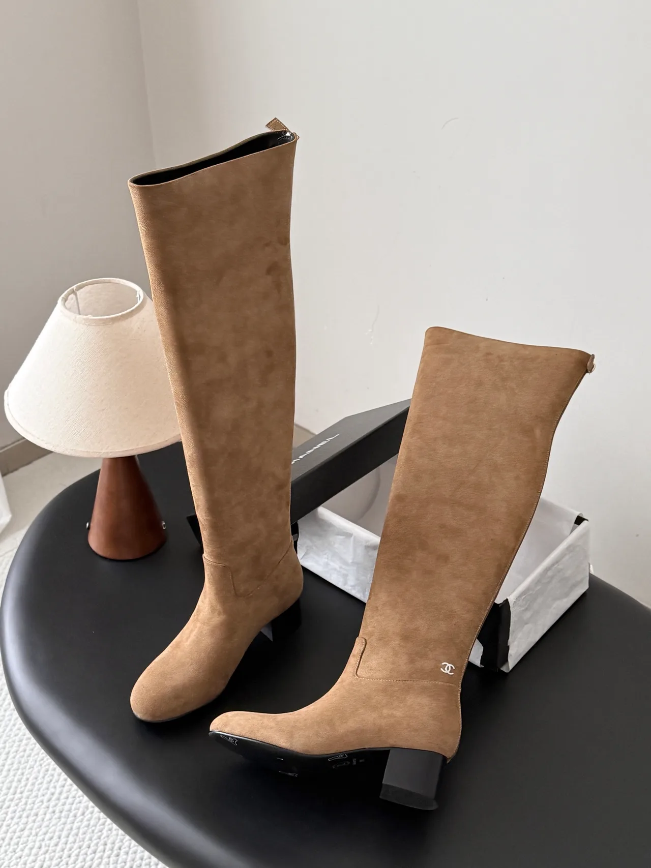 Chanel Sheepskin Matte Suede-Look Knee-High Boots in Tan · view 4