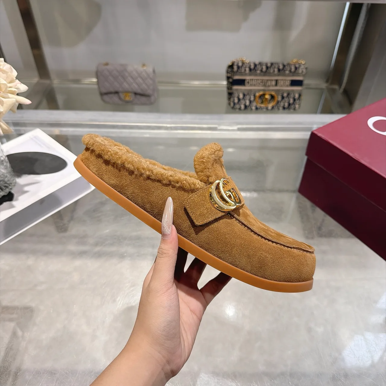 Gucci Cowhide Wool Suede-Look Mules in Tan · view 7