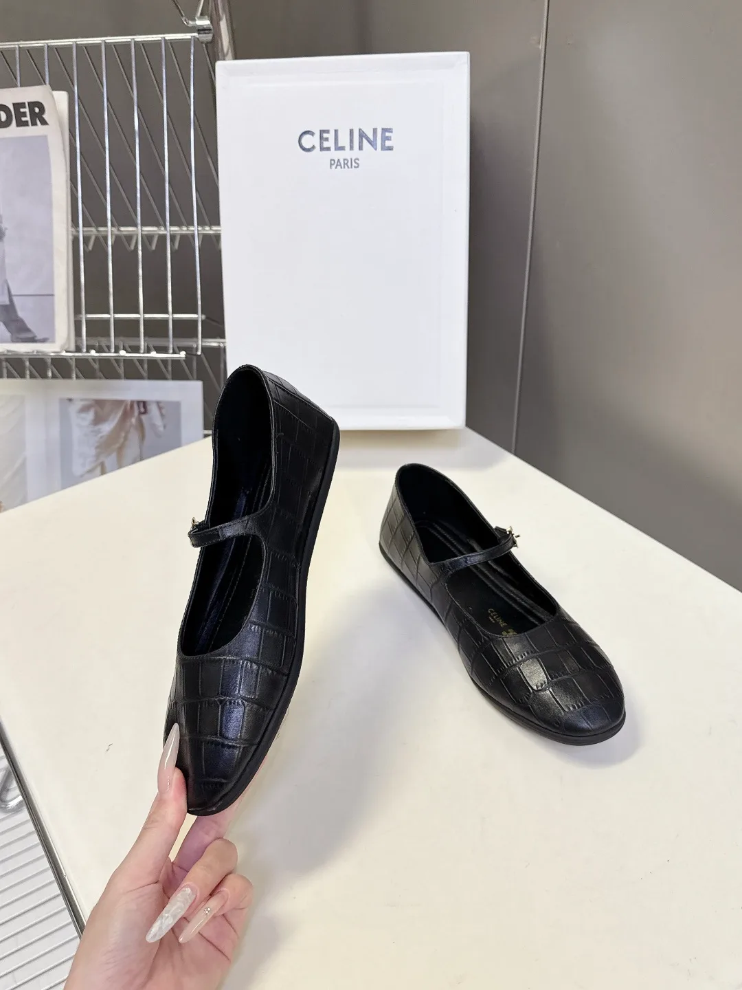 Celine Calfskin Glossy Square-Toe Buckle Shoes in Black · view 5