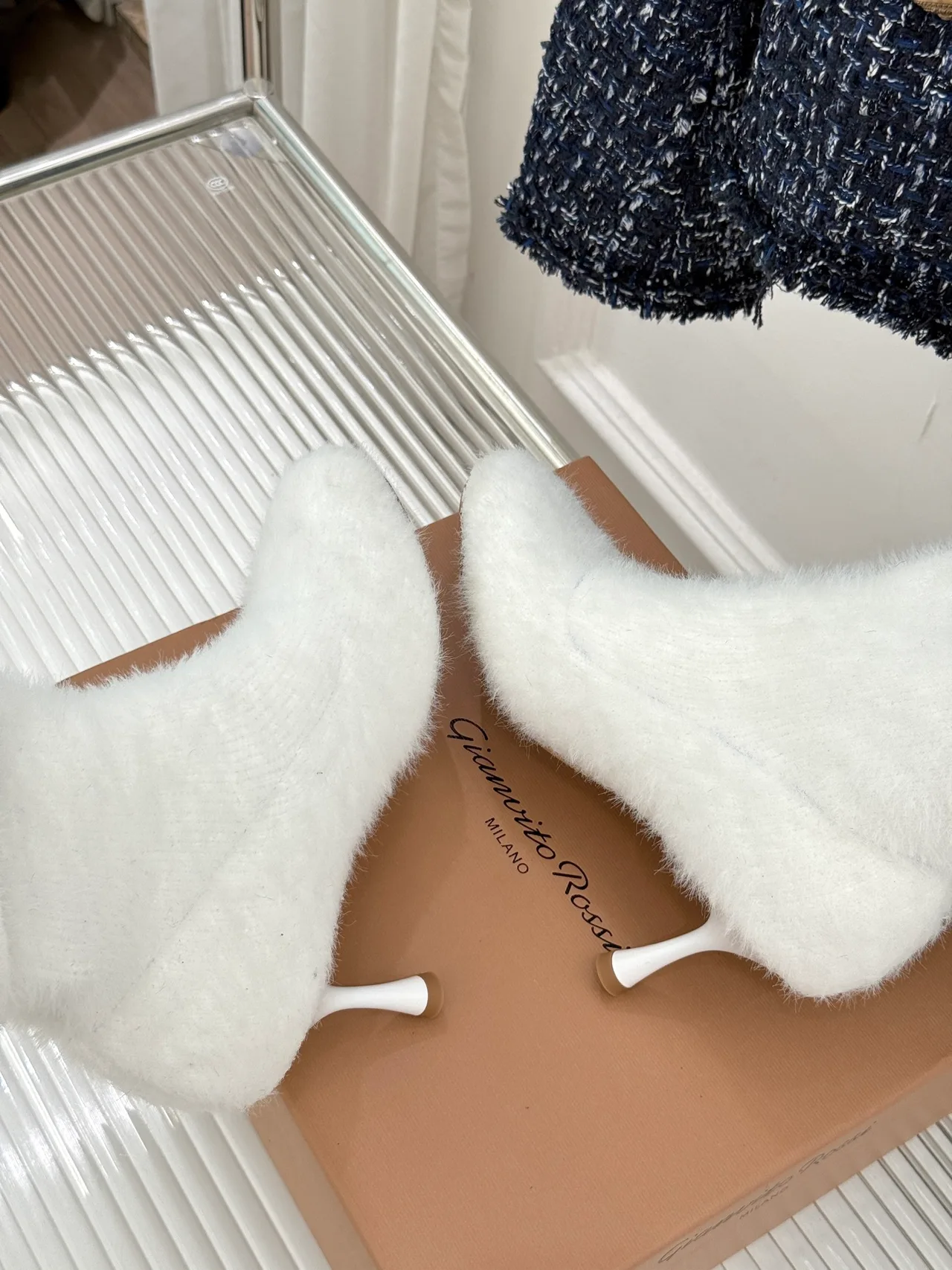 Gianvito Rossi Wool Ribbed Fuzzy Ankle Boots in White · view 5