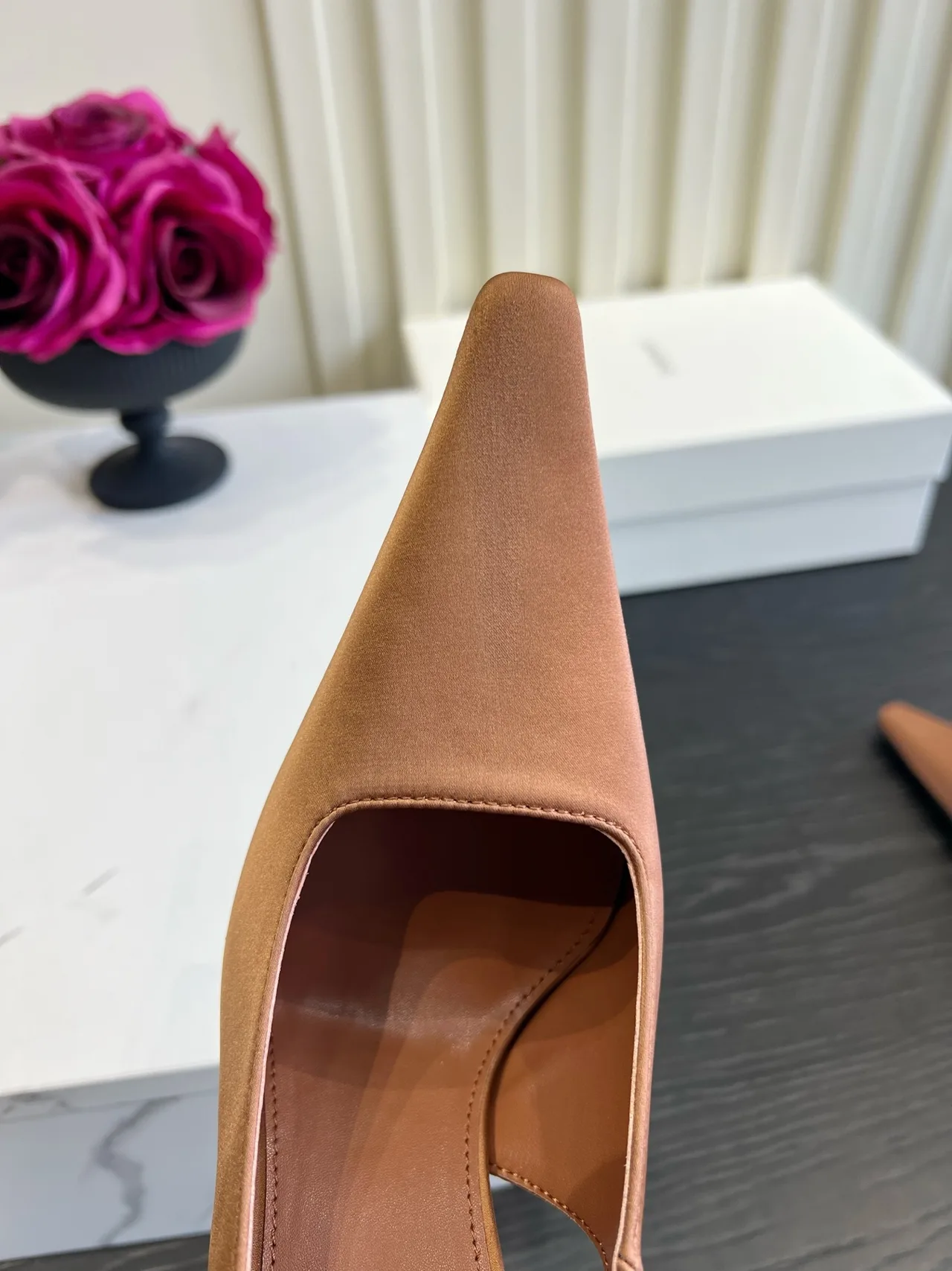 Saint Laurent Cowhide Silk Glossy Pointed-Toe Slingback Heels in Brown · view 7