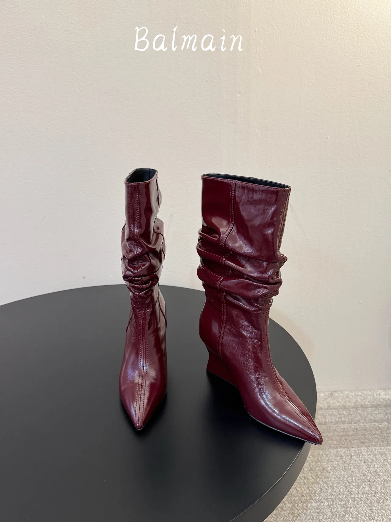 Balmain Denim Ribbed Glossy Pointed-Toe Mid-Calf Boots in Burgundy · view 2