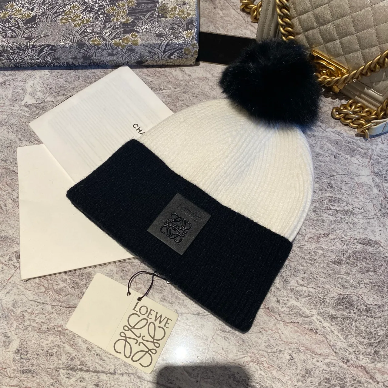 Loewe Colorblock Pom Beanie in Black & White & Brown · view 3