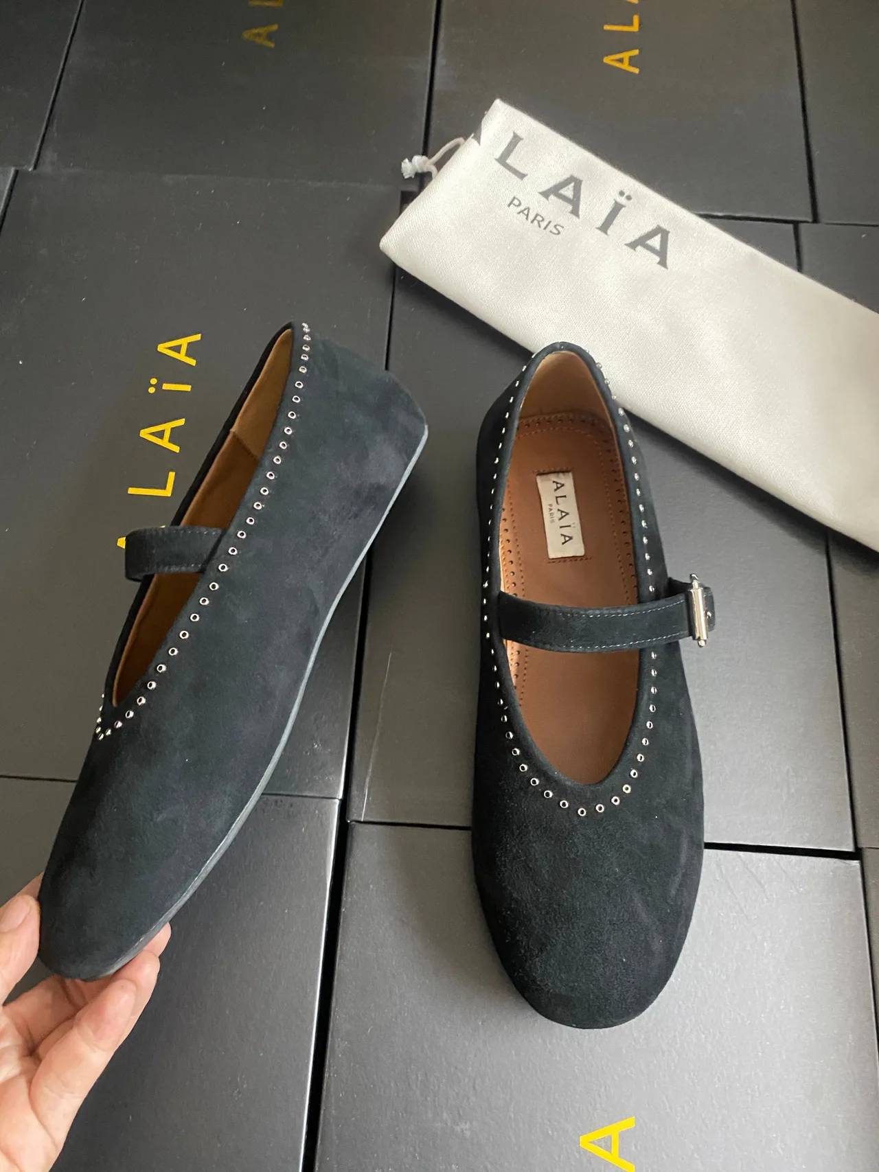 Alaia Cowhide Sheepskin Suede-Look Buckle Ballet Flats in Black · view 7