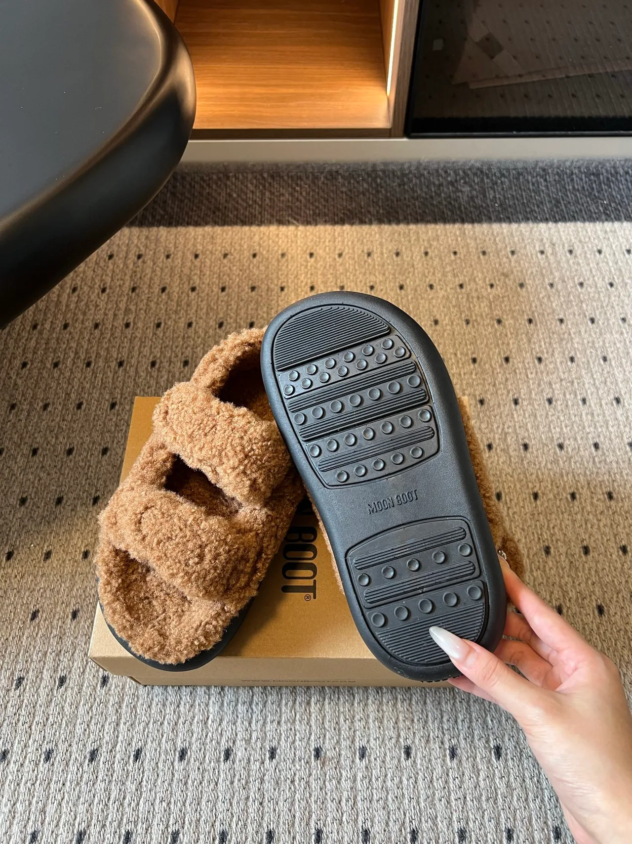 Moon Boot Smooth Fur Slides in Brown · view 5