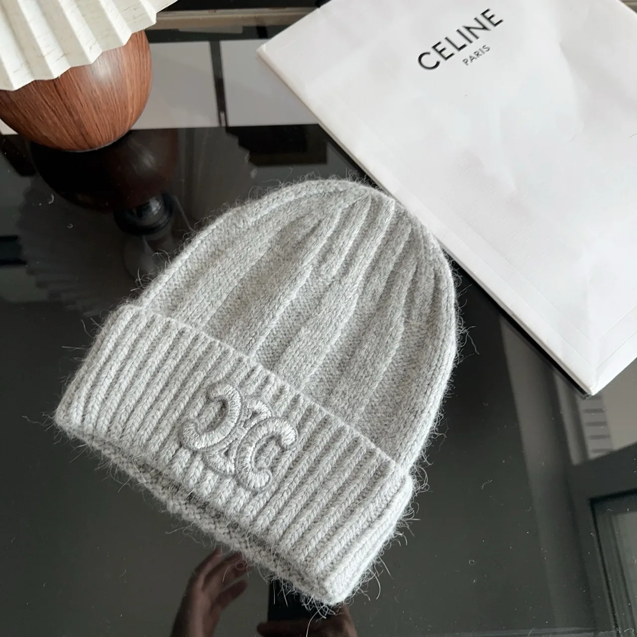 Celine Ribbed Embroidered Beanie in Grey · view 2