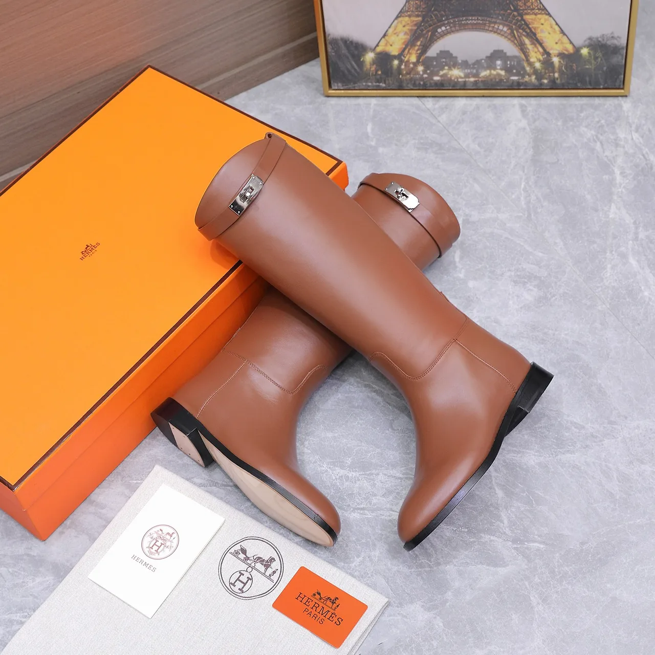 Hermes Cowhide Glossy Buckle Knee-High Boots in Brown · view 2