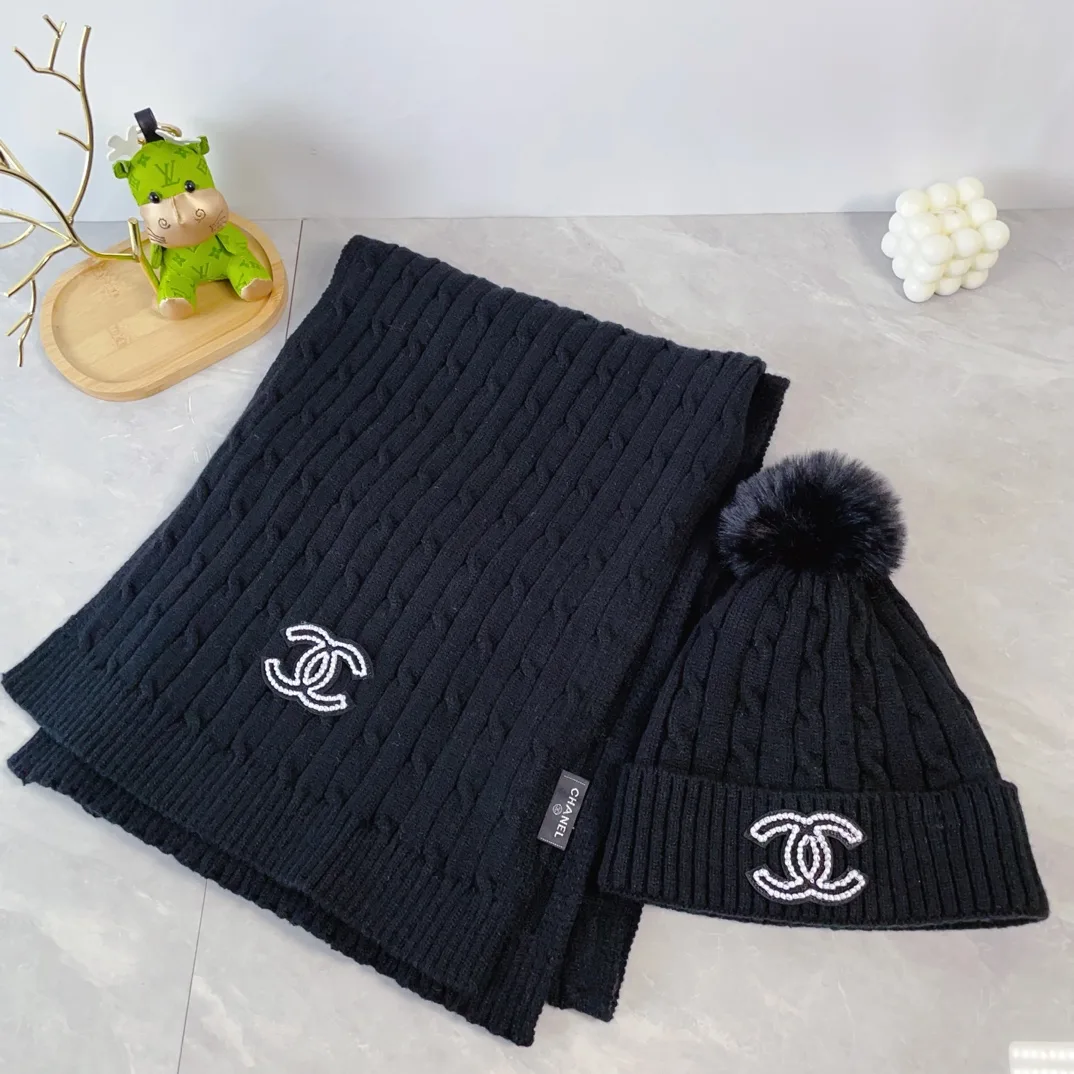 Chanel Wool Pom hat and scarf knit set in Black · view 1